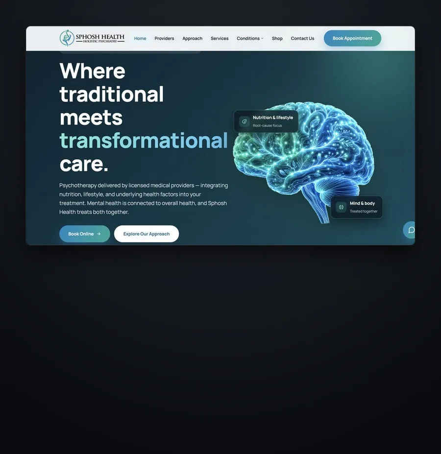 Sphosh Health website homepage, shown inside a dark mount